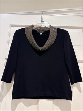 St. John Black Sweater with Beaded Cowl Collar